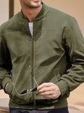 Men's Oversized Longline Suede-Feel Zip-Up Bomber Jacket - Olive