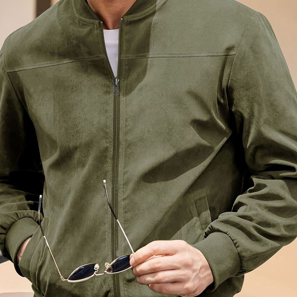 Men's Oversized Longline Suede-Feel Zip-Up Bomber Jacket