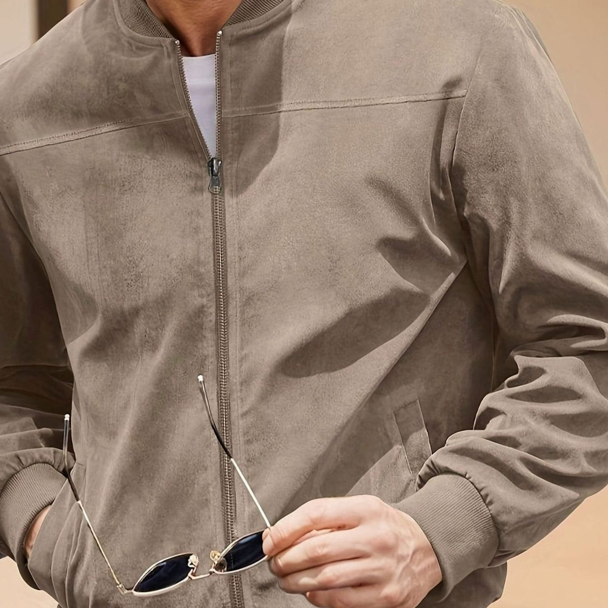 Men's Oversized Longline Suede-Feel Zip-Up Bomber Jacket