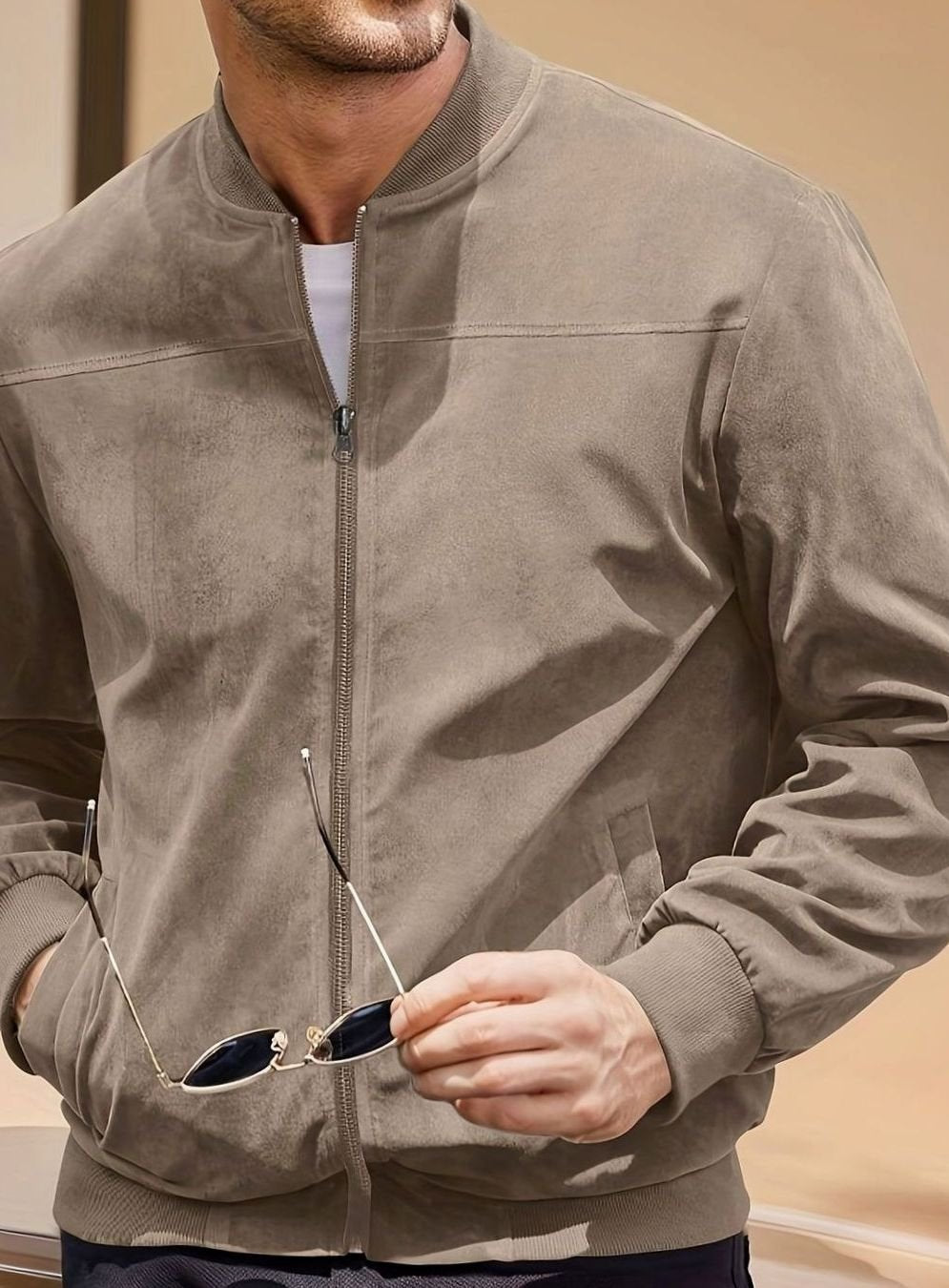 Men's Oversized Longline Suede-Feel Zip-Up Bomber Jacket - Light Brown