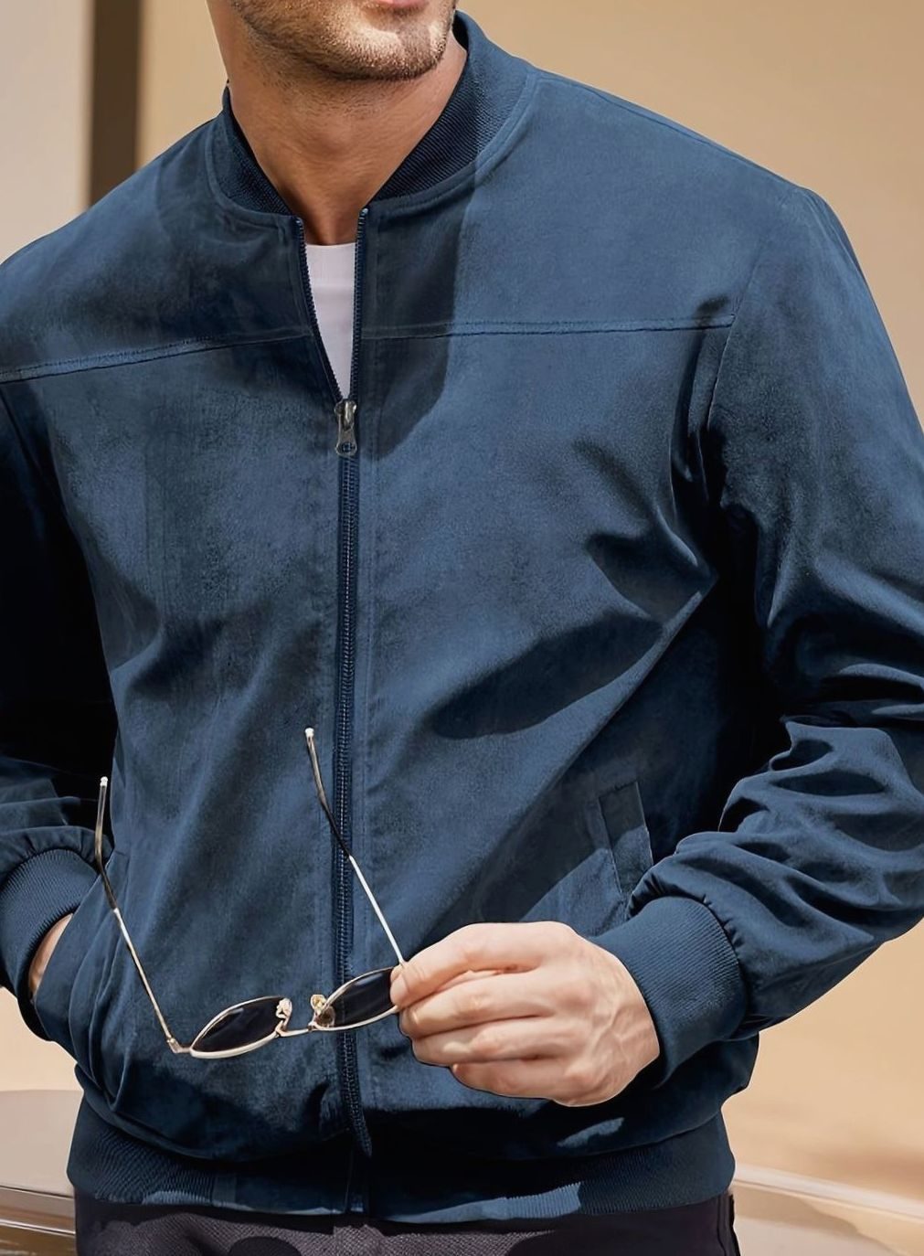 Men's Oversized Longline Suede-Feel Zip-Up Bomber Jacket