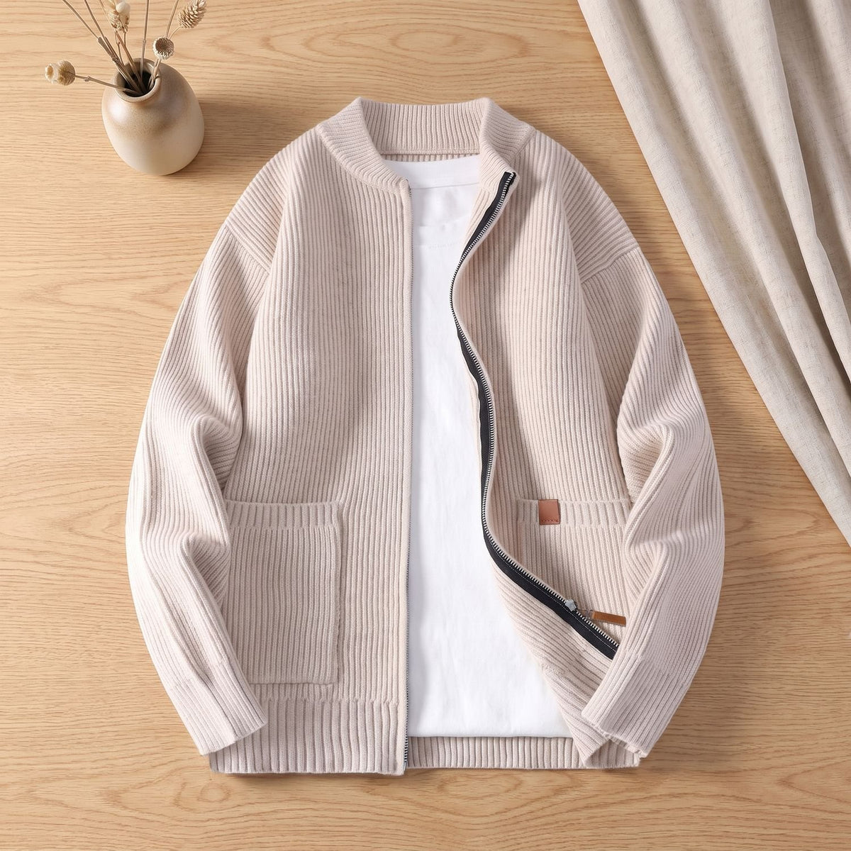 Men's Oversized Zip-Up Ribbed Knit Cardigan Coat