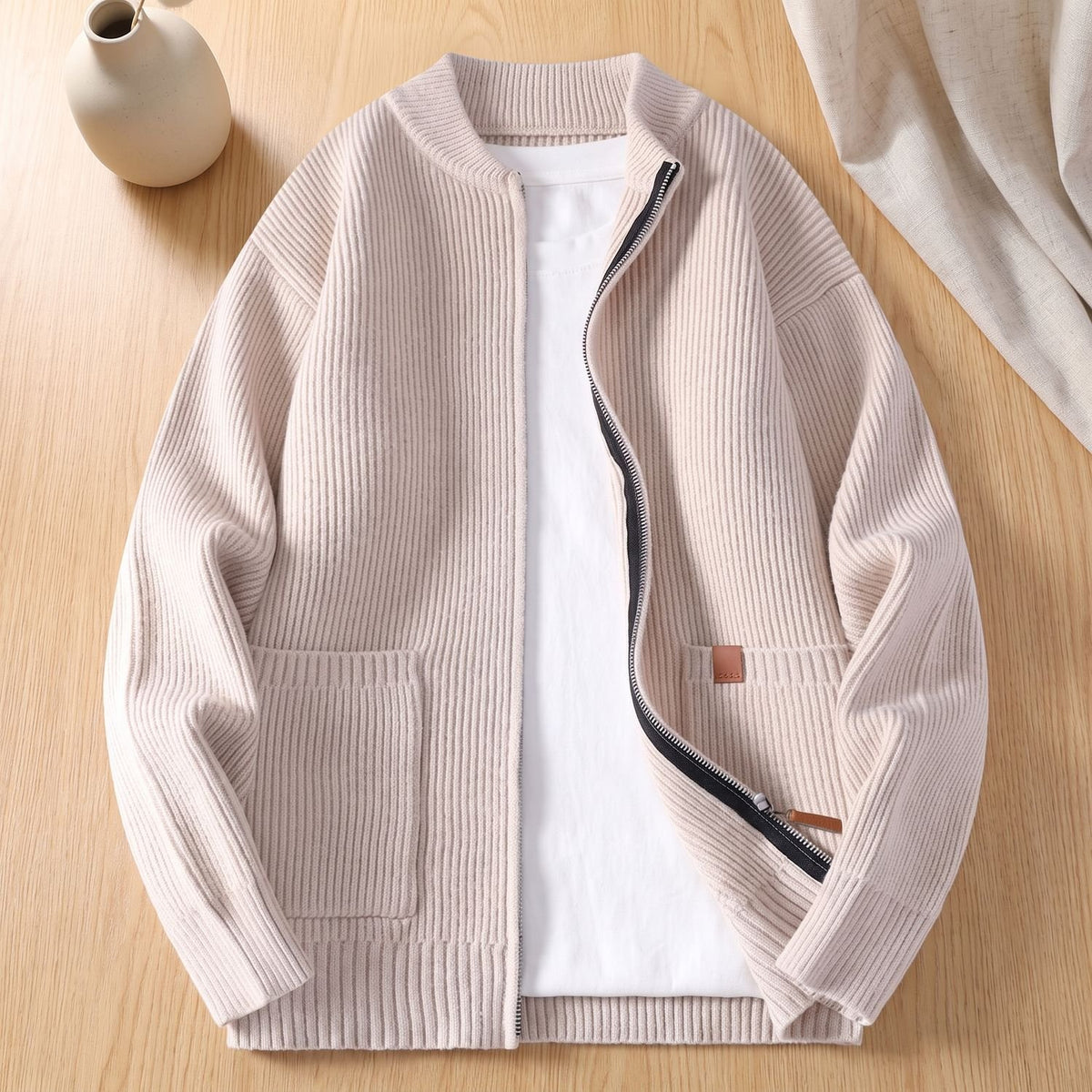 Men's Oversized Zip-Up Ribbed Knit Cardigan Coat - Beige