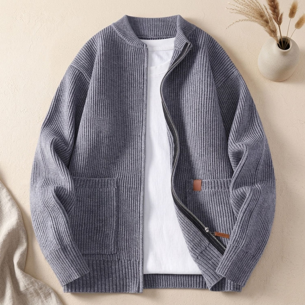 Men's Oversized Zip-Up Ribbed Knit Cardigan Coat - Gray