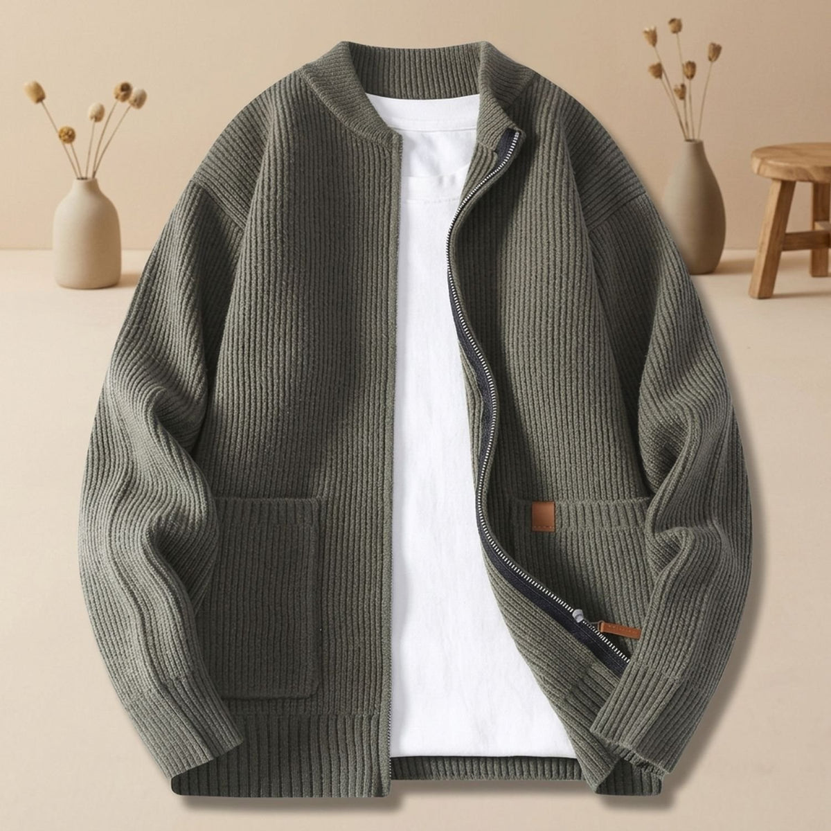 Men's Oversized Zip-Up Ribbed Knit Cardigan Coat - Green