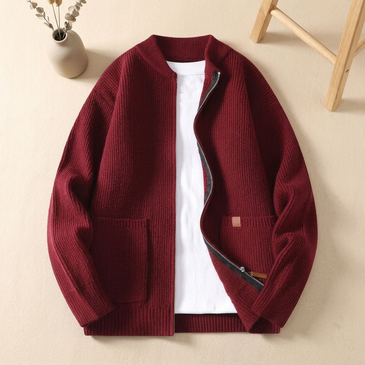 Men's Oversized Zip-Up Ribbed Knit Cardigan Coat - Red