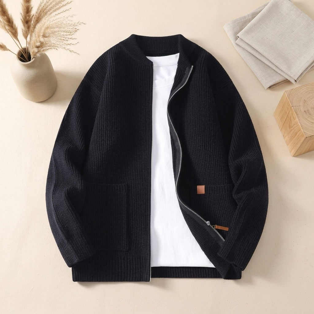 Men's Oversized Zip-Up Ribbed Knit Cardigan Coat - Black