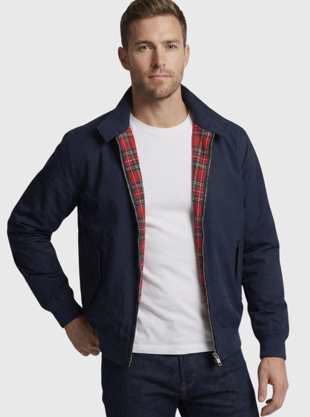 Men's Oversized Zip-Up Tartan-Lined Harrington Jacket