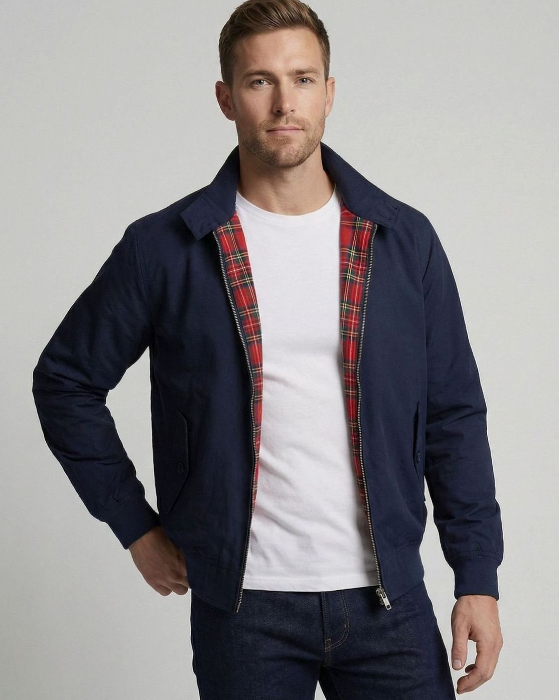 Men's Oversized Zip-Up Tartan-Lined Harrington Jacket - Navy Blue