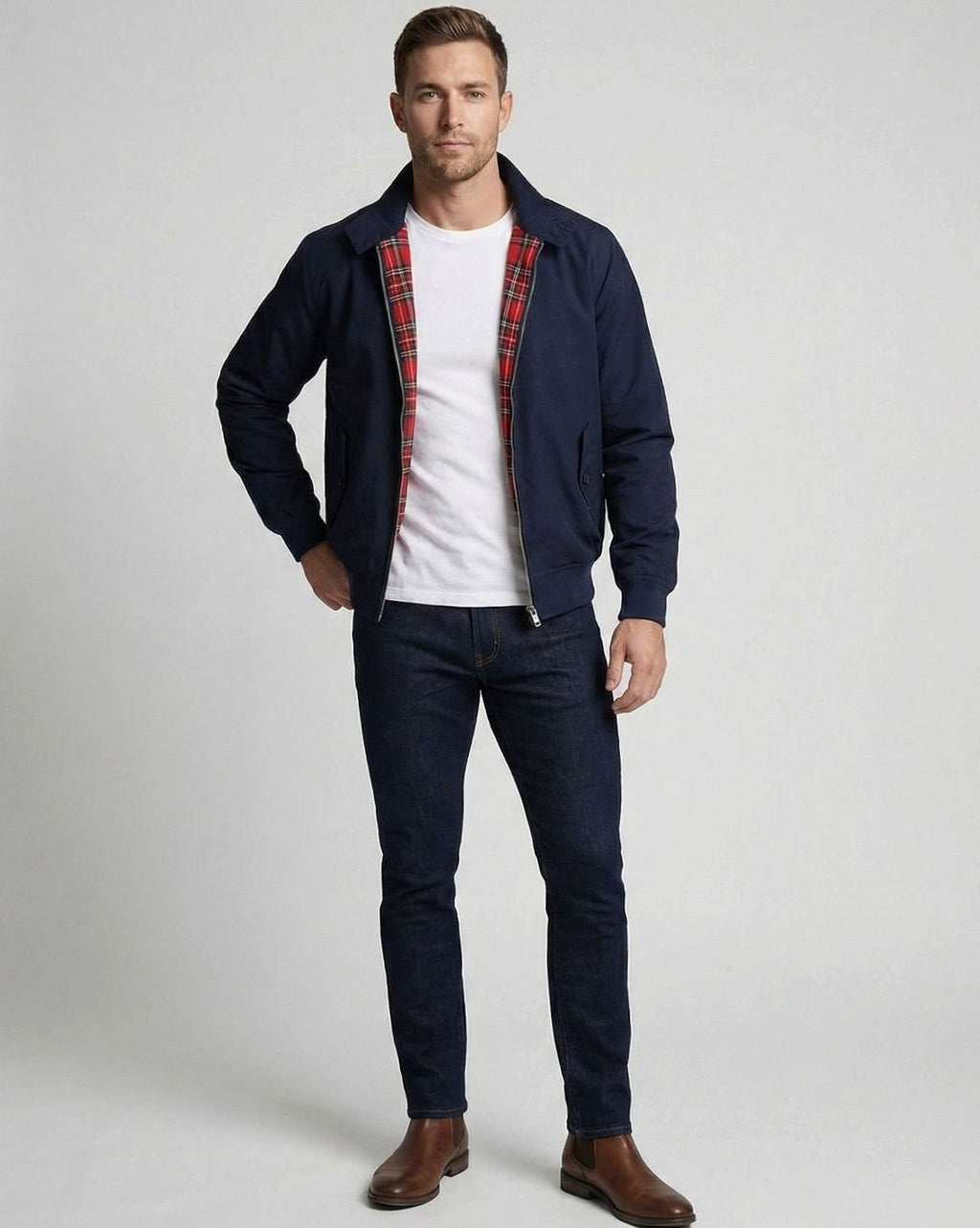 Men's Oversized Zip-Up Tartan-Lined Harrington Jacket