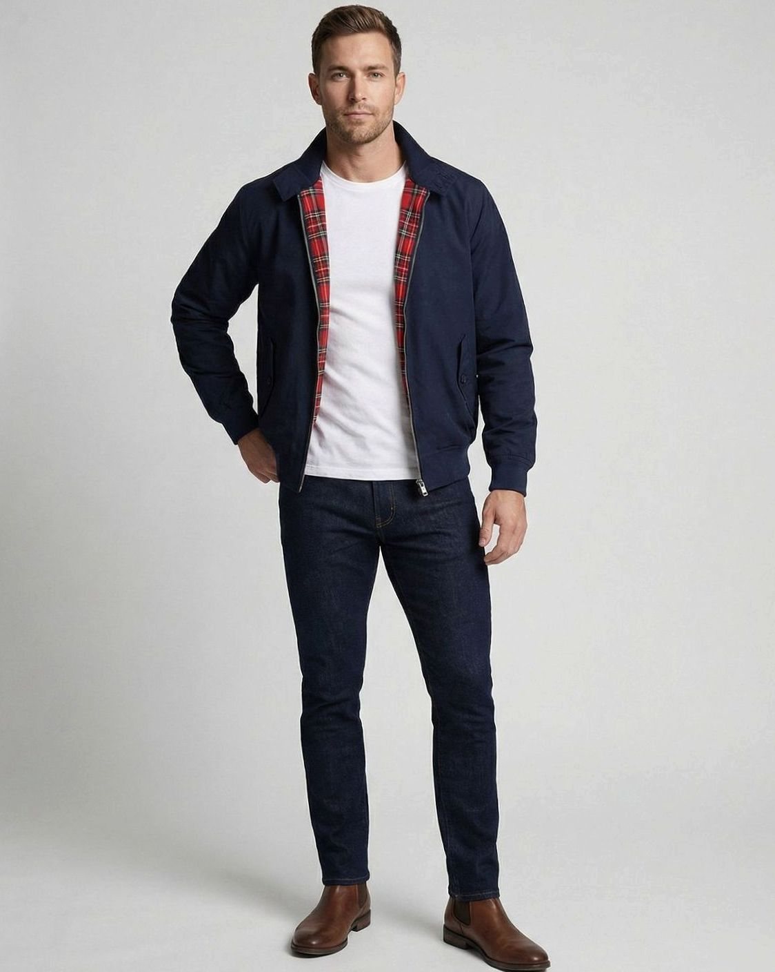 Men's Oversized Zip-Up Tartan-Lined Harrington Jacket