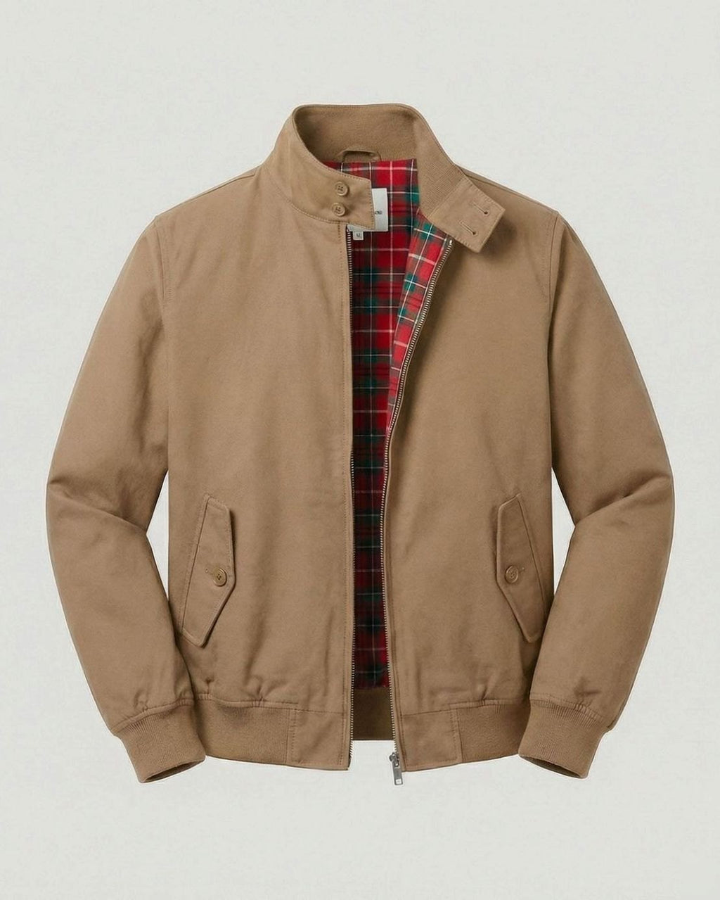 Men's Oversized Zip-Up Tartan-Lined Harrington Jacket - Khaki