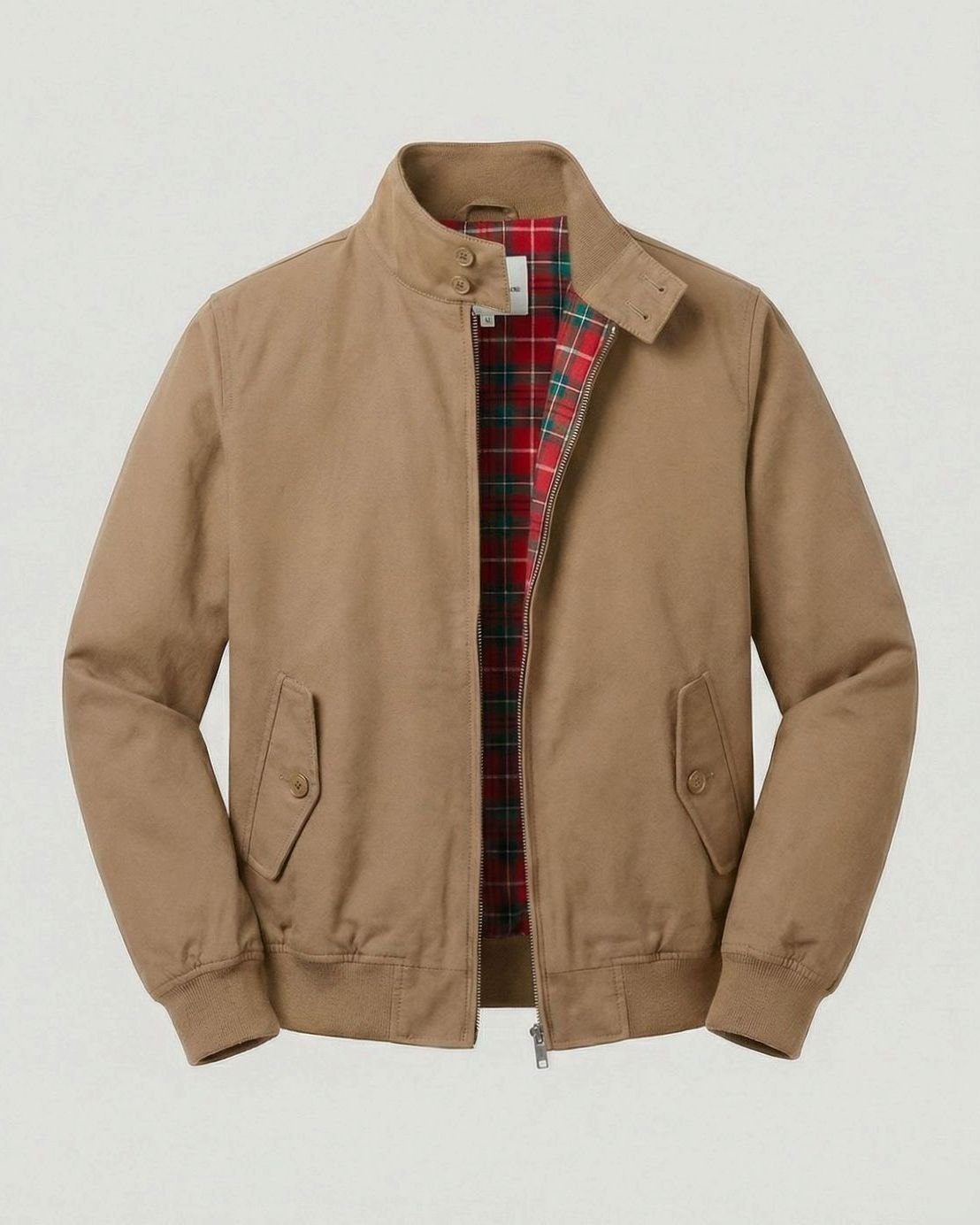 Men's Oversized Zip-Up Tartan-Lined Harrington Jacket - Khaki