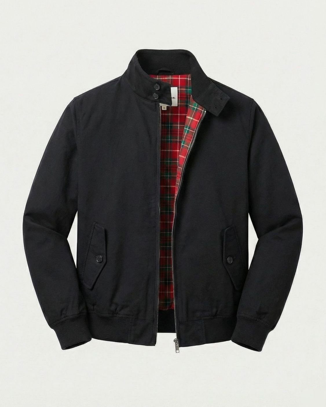 Men's Oversized Zip-Up Tartan-Lined Harrington Jacket - Black