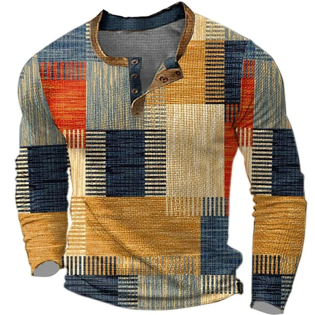 Men's Patchwork Henley Long-Sleeve Pullover Shirt - Brown