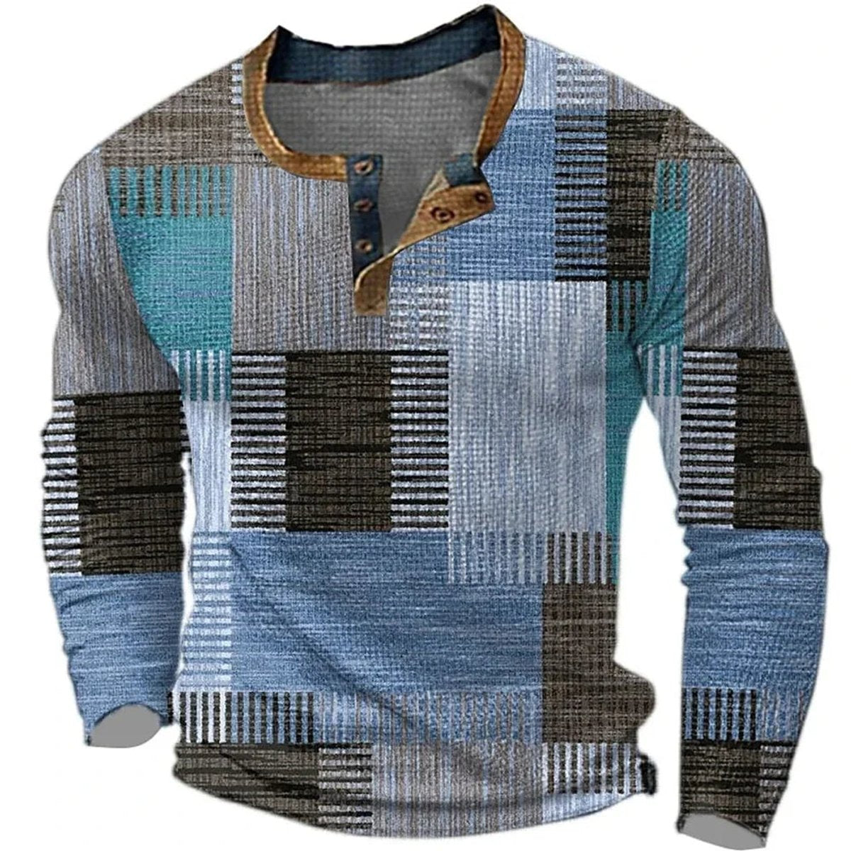 Men's Patchwork Henley Long-Sleeve Pullover Shirt - Blue