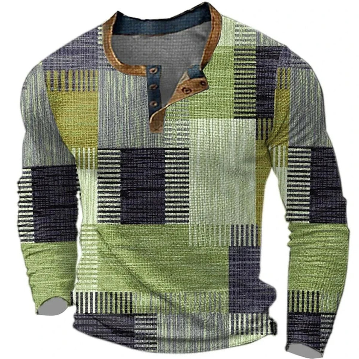 Men's Patchwork Henley Long-Sleeve Pullover Shirt - Green