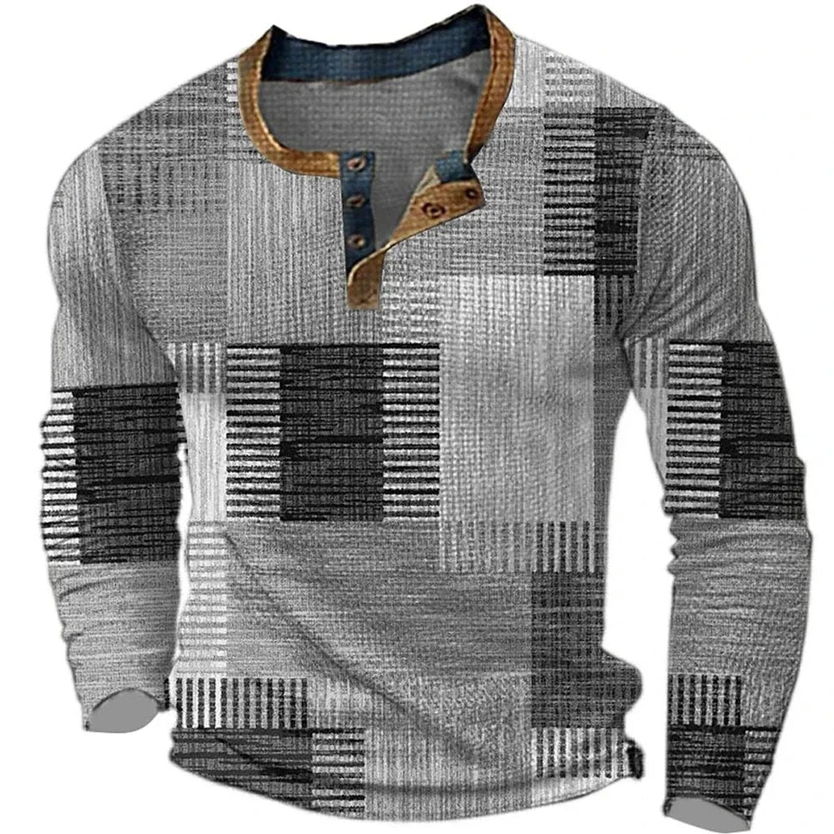 Men's Patchwork Henley Long-Sleeve Pullover Shirt - Gray