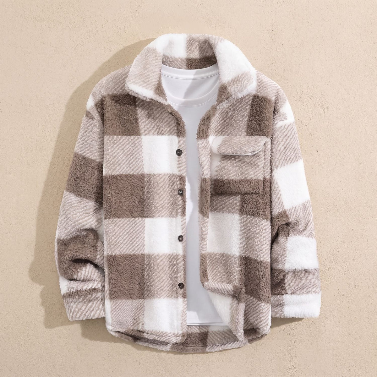 Men's Plaid Fleece Button-Front Longline Shacket Coat - Brown