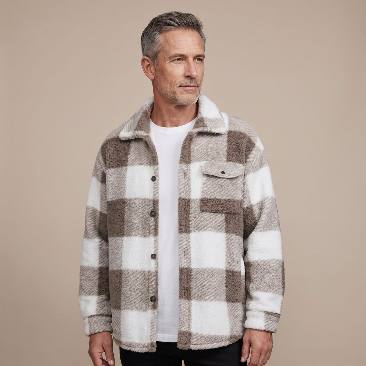 Men's Plaid Fleece Button-Front Longline Shacket Coat