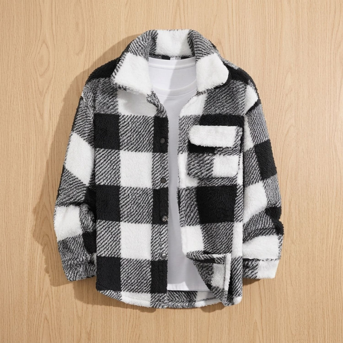 Men's Plaid Fleece Button-Front Longline Shacket Coat - Black