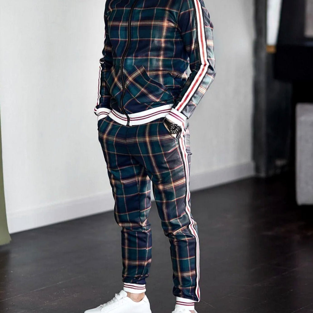 Men's Plaid Two-Piece Zip-Up Jogging Tracksuit Striped Jogger Set - Green