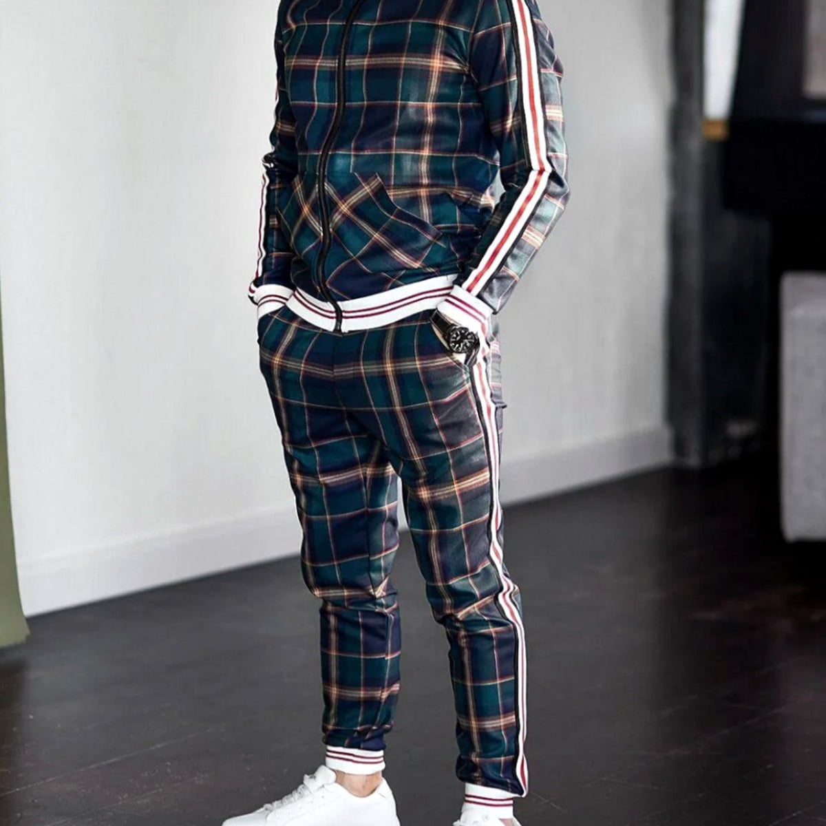 Men's Plaid Two-Piece Zip-Up Jogging Tracksuit Striped Jogger Set - Green