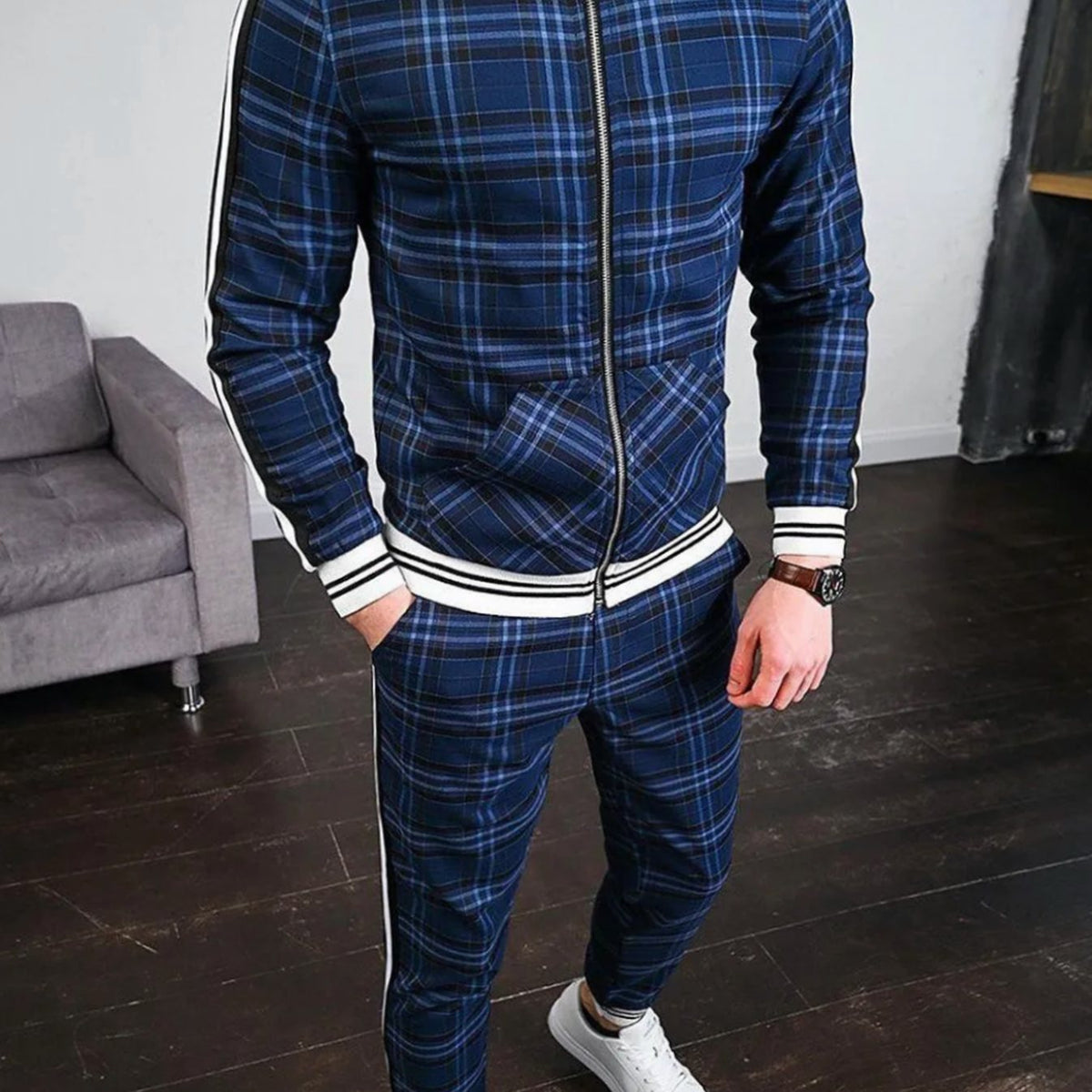 Men's Plaid Two-Piece Zip-Up Jogging Tracksuit Striped Jogger Set - Blue
