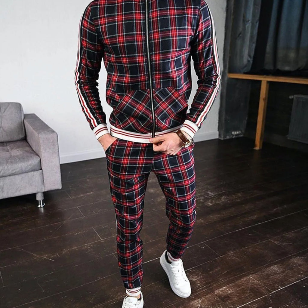 Men's Plaid Two-Piece Zip-Up Jogging Tracksuit Striped Jogger Set - Red
