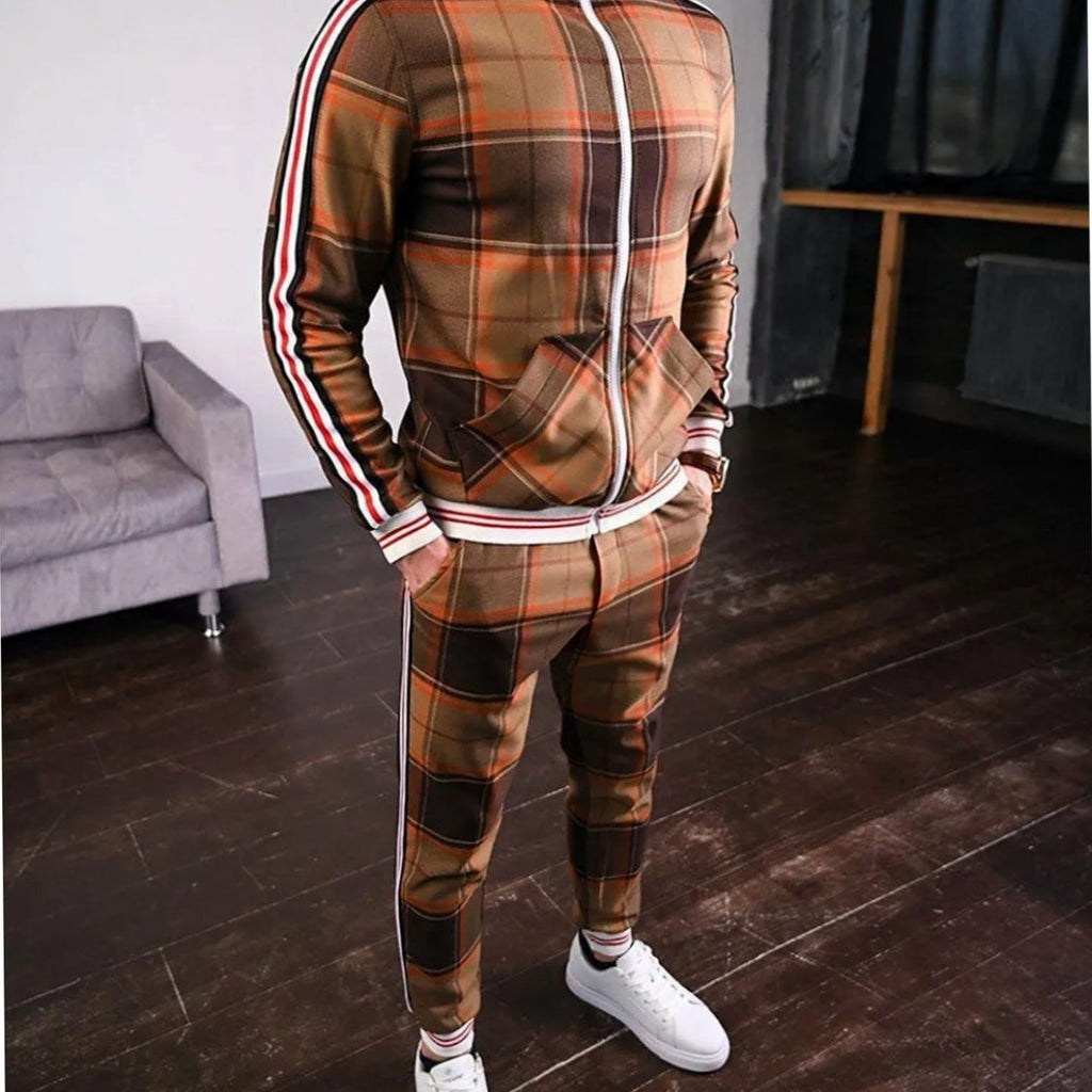 Men's Plaid Two-Piece Zip-Up Jogging Tracksuit Striped Jogger Set - Orange