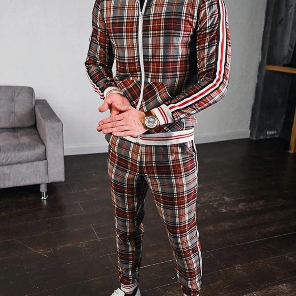 Men's Plaid Two-Piece Zip-Up Jogging Tracksuit Striped Jogger Set - Khaki
