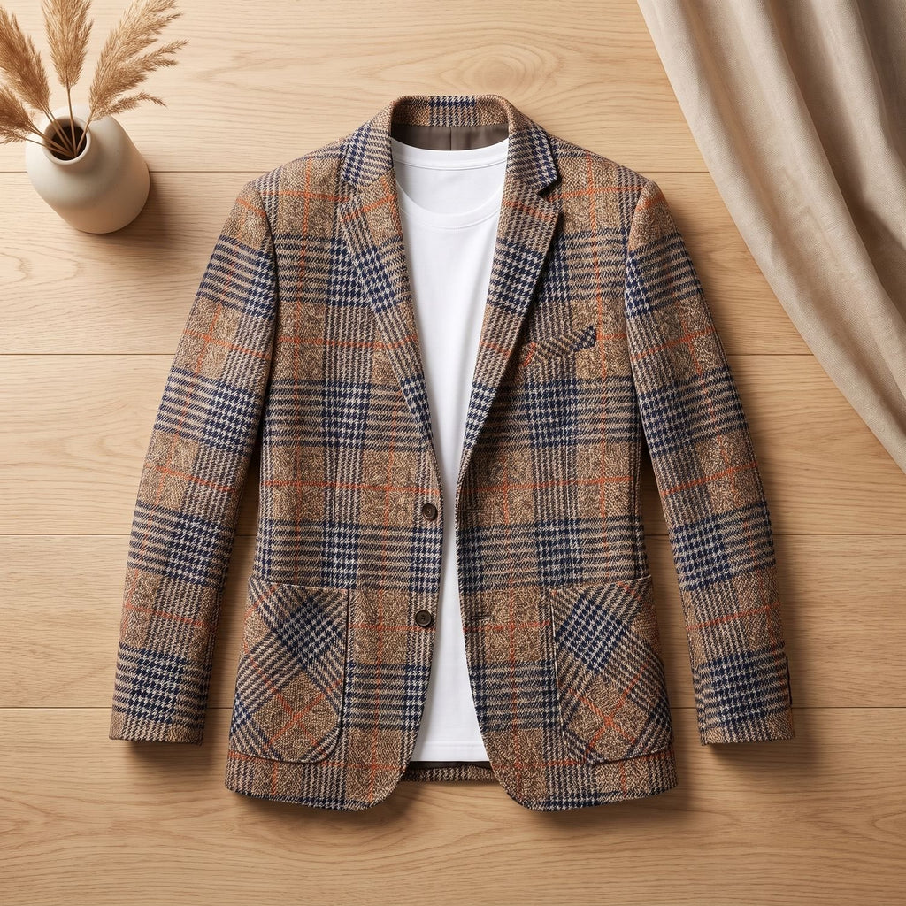 Men's Plaid Wool-Blend Tailored Houndstooth Blazer - Brown