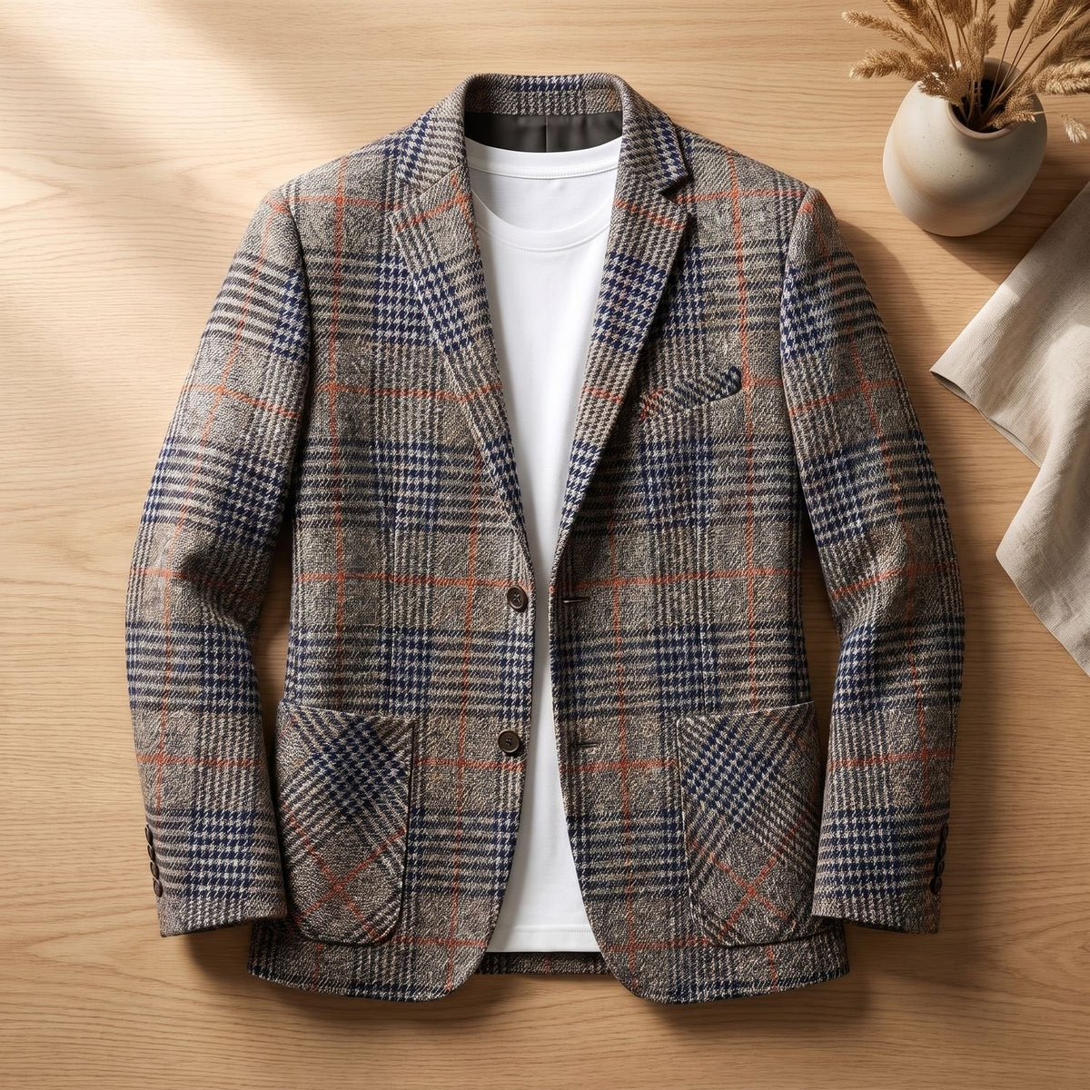 Men's Plaid Wool-Blend Tailored Houndstooth Blazer - Gray