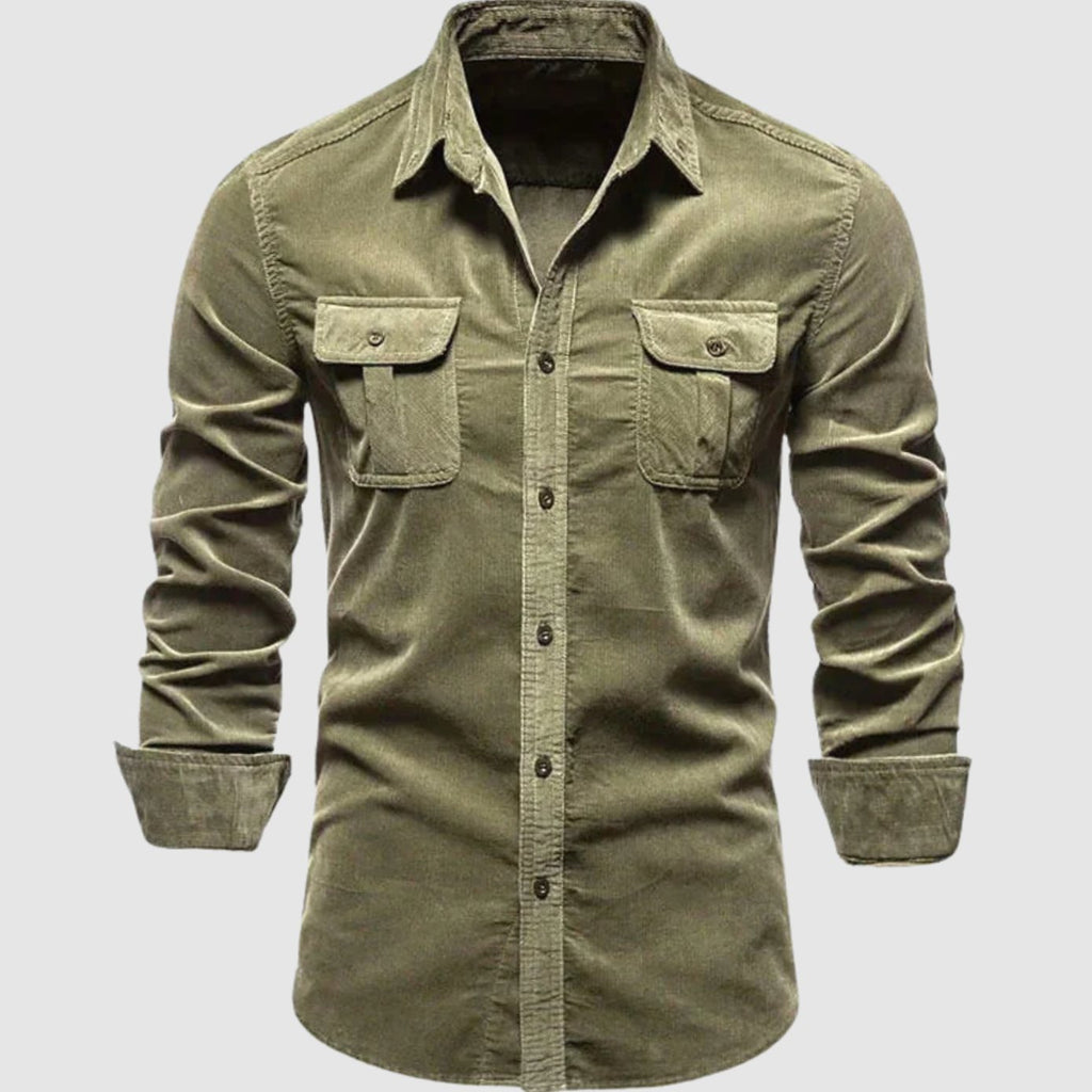 Men's Premium Cotton Corduroy Long-Sleeve Button-Up Shirt - Army Green