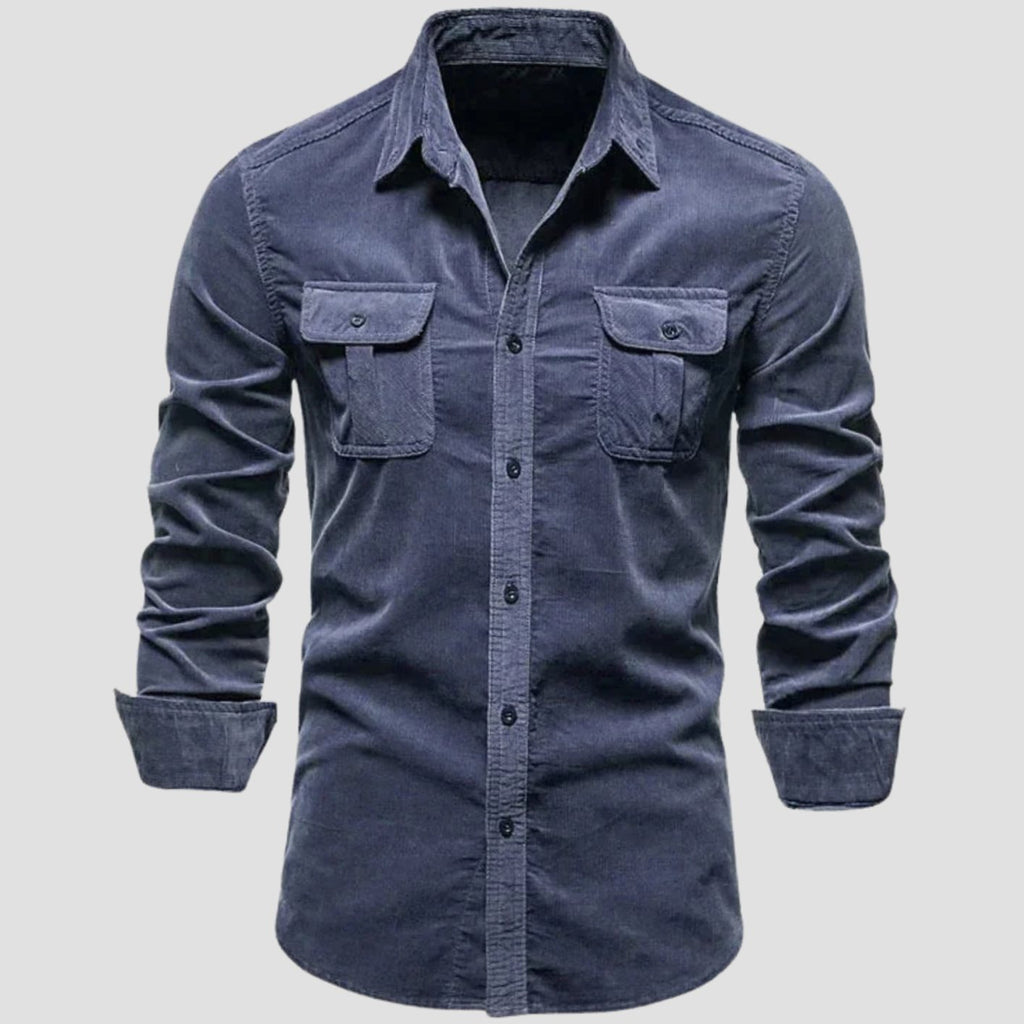 Men's Premium Cotton Corduroy Long-Sleeve Button-Up Shirt - Navy Blue