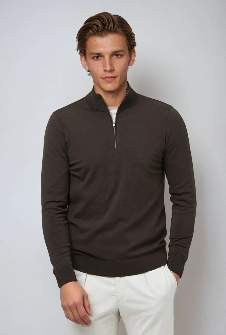 Men's Quarter-Zip Classic Knit Sweater - Brown