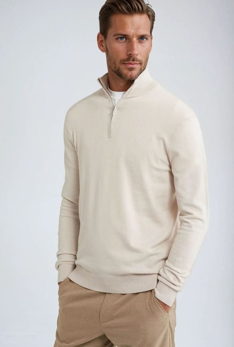 Men's Quarter-Zip Classic Knit Sweater - Beige