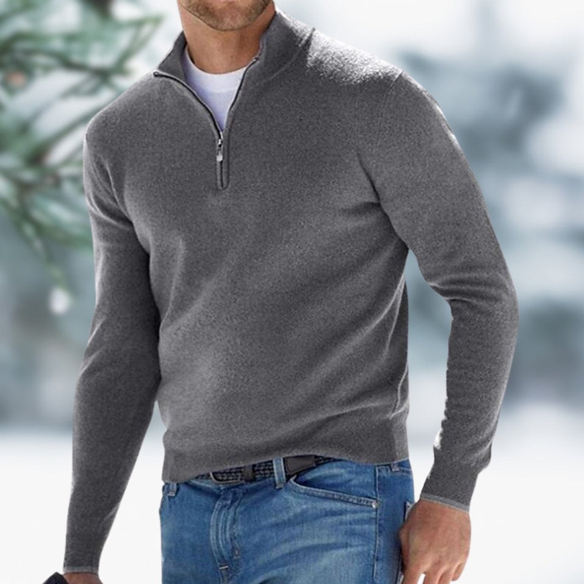 Men's Quarter-Zip Mens Knit Sweater Long Sleeve Pullover - Gray
