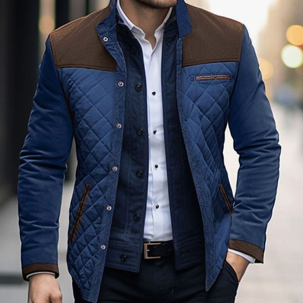 Men's Quilted Color Block Stand Collar Button-Front Jacket - Brown