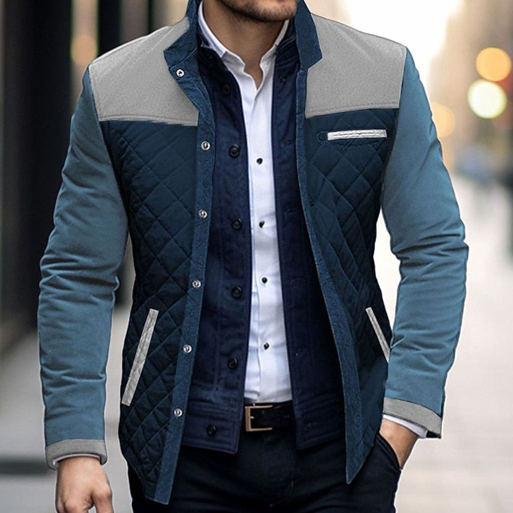 Men's Quilted Color Block Stand Collar Button-Front Jacket - Khaki