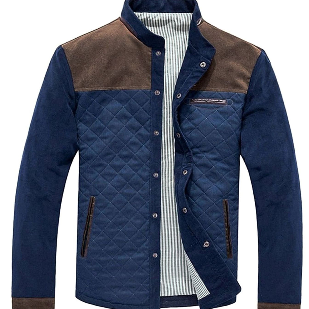 Men's Quilted Color Block Stand Collar Button-Front Jacket