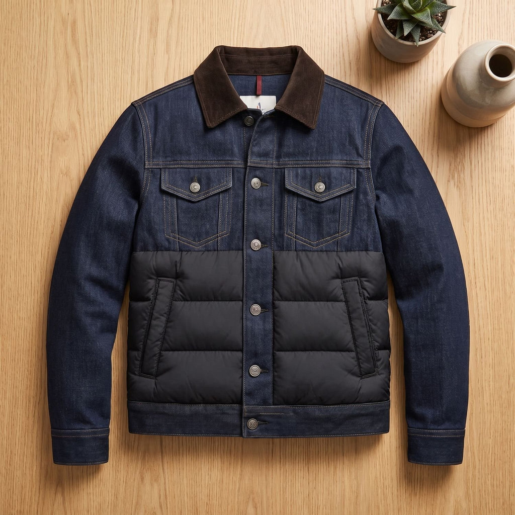 Men's Quilted Denim Puffer Jacket Corduroy Collar Button-Front
