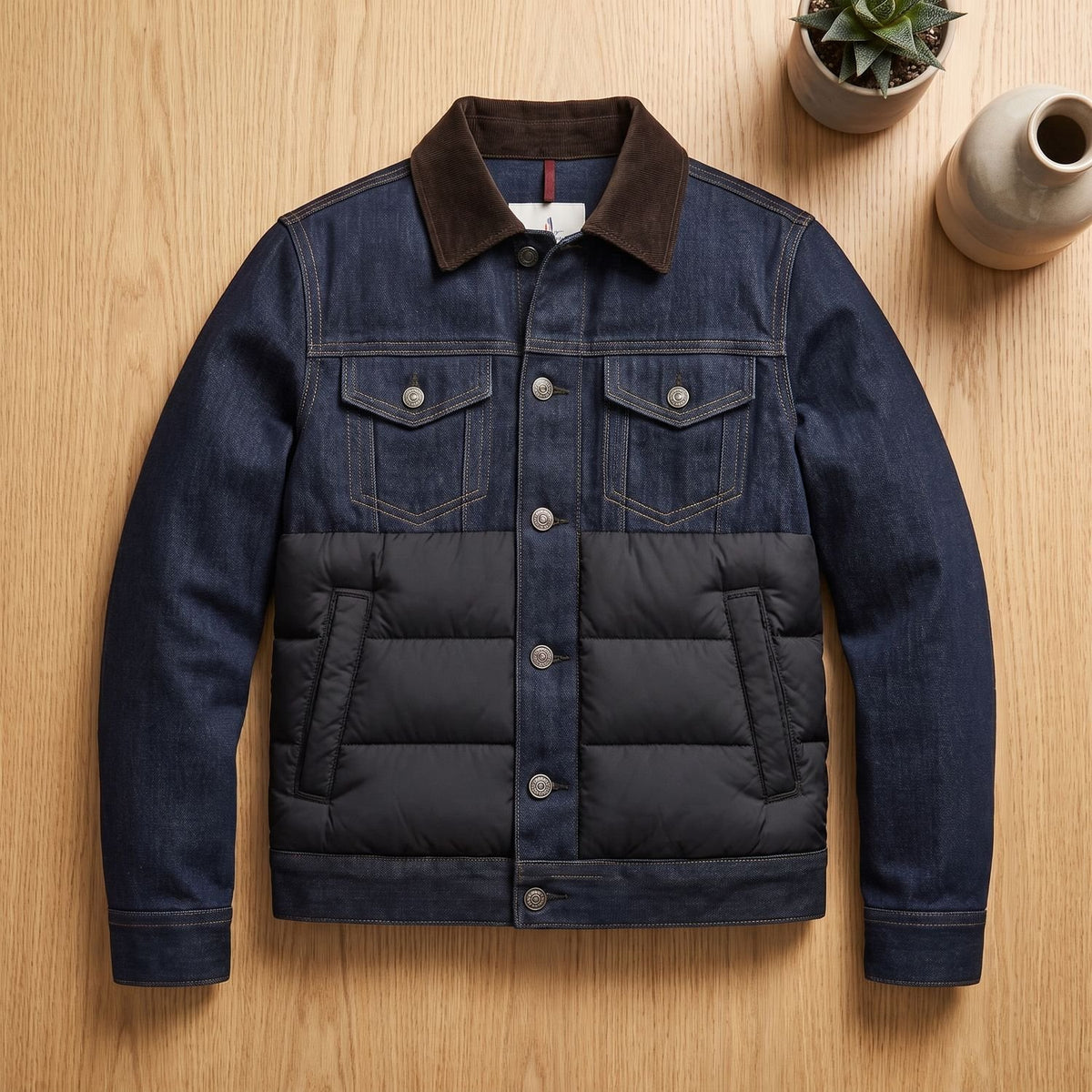 Men's Quilted Denim Puffer Jacket Corduroy Collar Button-Front