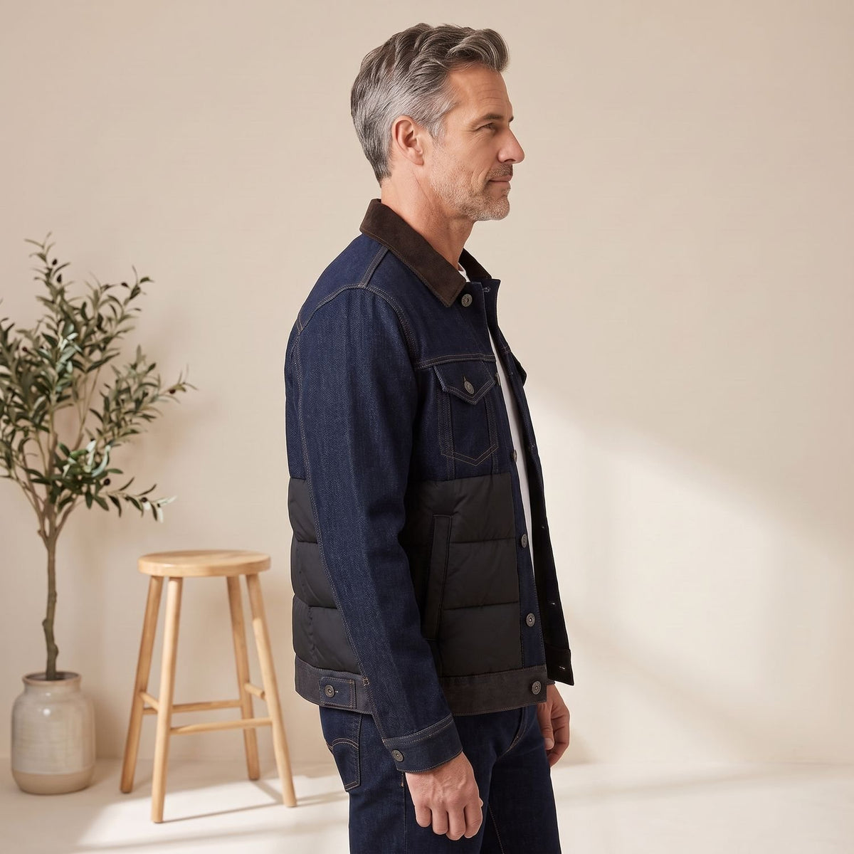 Men's Quilted Denim Puffer Jacket Corduroy Collar Button-Front