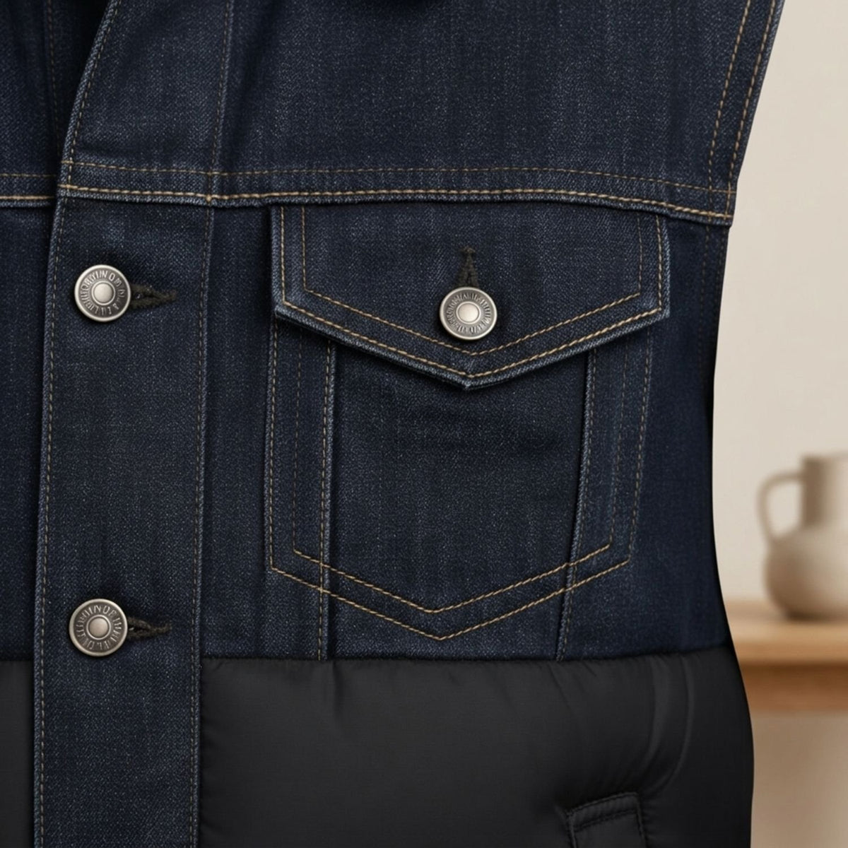 Men's Quilted Denim Puffer Jacket Corduroy Collar Button-Front