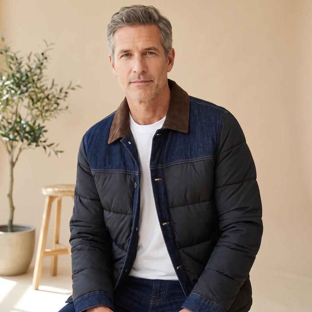 Men's Quilted Denim Puffer Jacket Corduroy Collar Button-Front