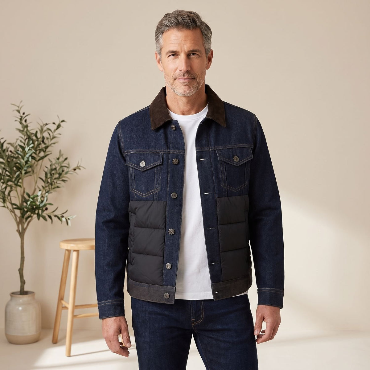 Men's Quilted Denim Puffer Jacket Corduroy Collar Button-Front