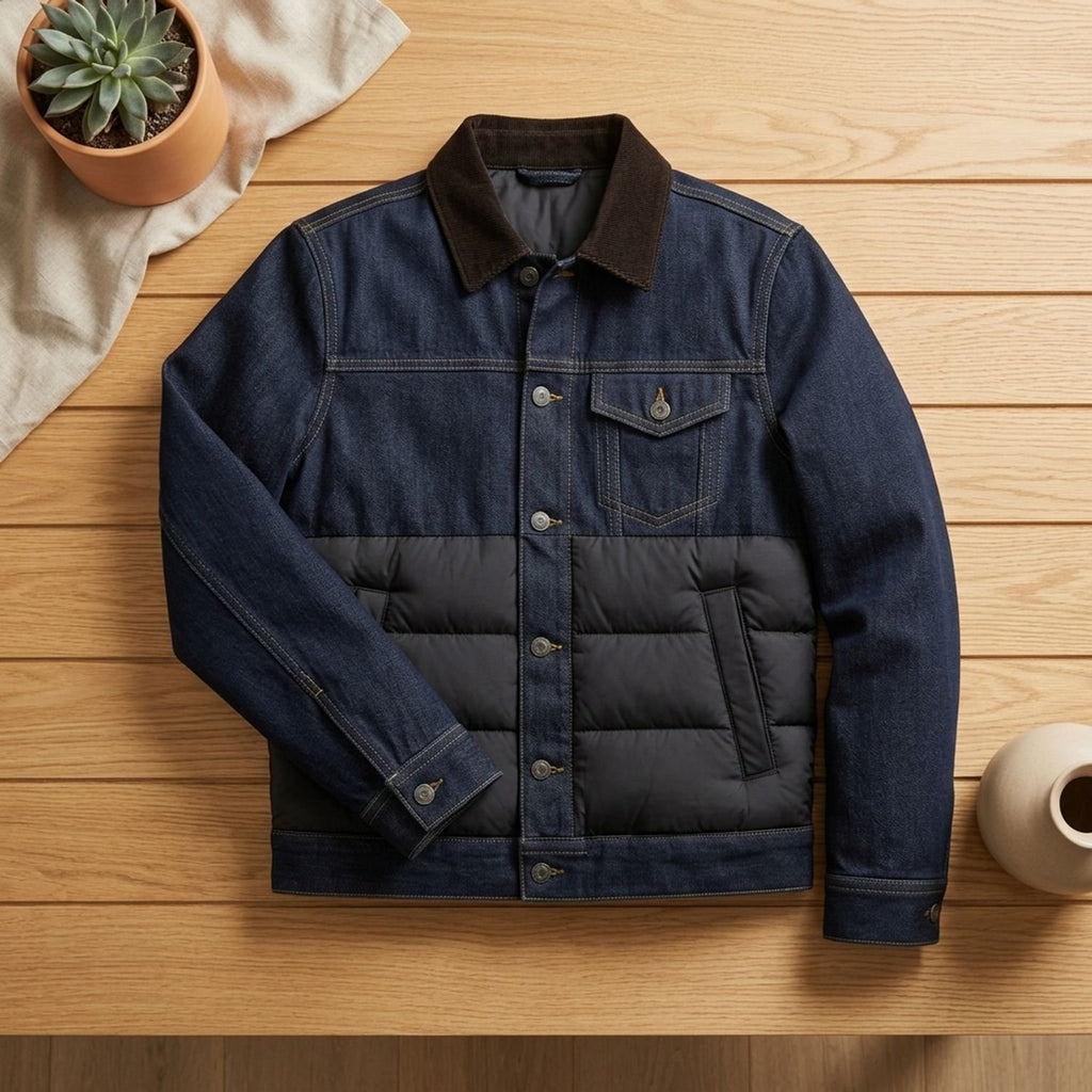 Men's Quilted Denim Puffer Jacket Corduroy Collar Button-Front