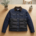 Men's Quilted Denim Puffer Jacket Corduroy Collar Button-Front - Denim Blue
