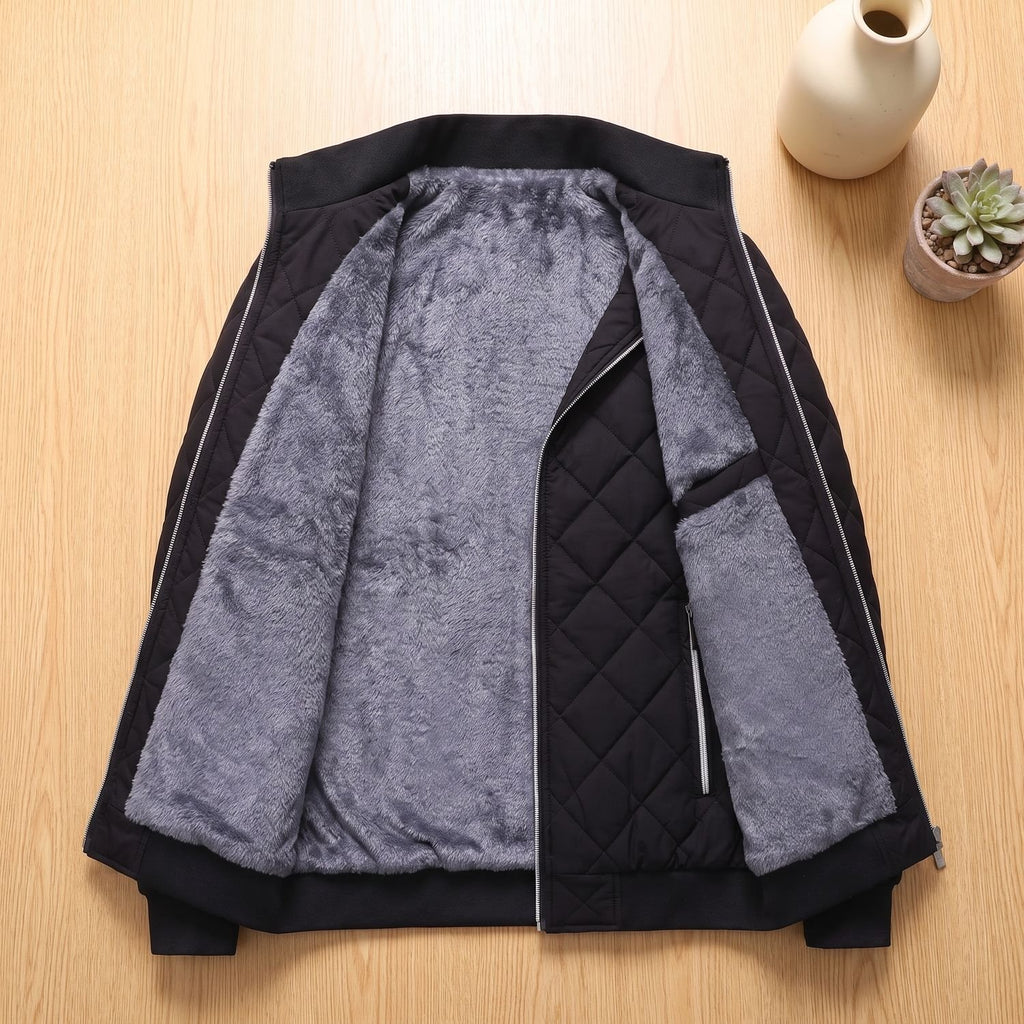 Men's Quilted Fleece-Lined Zip-Up Puffer Jacket - Black